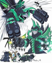  antennae armor blue_eyes bug circular_saw claws commentary_request cyborg fangs gatling_gun giant giant_monster gigan glowing godzilla godzilla_(series) green_visor gun horns iero-glasses insect_wings jaw kaiju long_tail machine_gun minigun monster monster_focus moth moth_wings mothra no_humans open_mouth saw sharp_teeth smile spiked_tail spikes spines tail teeth tokusatsu weapon wings 
