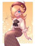 1girl alternate_costume bangs black_bow blonde_hair blouse blue_eyes bow earrings hair_over_one_eye hat highres jewelry long_hair looking_at_viewer nonoworks rosalina shirt signature smile solo star_(symbol) star_earrings super_mario_bros. super_mario_galaxy 