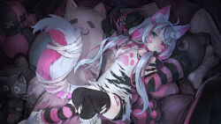  1girl animal_ear_fluff animal_ears artist_name bandage_on_hair bandaged_tail bandaid bandaid_on_thigh black_eyes black_hair black_shirt black_thighhighs bone_hair_ornament chain chain_leash collar hair_ornament heterochromia highres indie_virtual_youtuber kajaneko leash long_sleeves loose_socks low_twintails multicolored_hair multicolored_shirt multicolored_thighhighs open_mouth pink_eyes pink_hair pink_shirt pink_thighhighs shirt sleeves_past_fingers sleeves_past_wrists socks stuffed_animal stuffed_toy t-shirt tail thigh-highs torn_clothes torn_shirt torn_thighhighs twintails virtual_youtuber white_hair white_shirt wolf_ears wolf_girl wolf_tail 