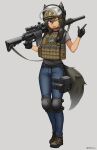  1girl ;d absurdres animal_ear_fluff animal_ears black_gloves black_hair blue_pants brown_footwear commentary_request fake_animal_ears fang gloves grey_background grey_shirt gun hair_between_eyes hand_up highres holding holding_gun holding_weapon index_finger_raised knee_pads long_hair looking_at_viewer ndtwofives one_eye_closed original pants rifle scope shirt shoes short_sleeves simple_background smile sniper_rifle sniper_scope solo sr-25 tactical_clothes tail transparent twitter_username violet_eyes weapon 
