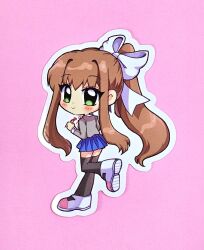  1girl black_thighhighs blazer blue_skirt blush brown_hair chibi chibi_only closed_mouth commentary doki_doki_literature_club doki_doki_literature_club_school_uniform english_commentary eyelashes full_body green_eyes grey_jacket hair_intakes hair_ribbon highres holding holding_pen jacket long_hair long_sleeves looking_back merchandise_available monika_(doki_doki_literature_club) neck_ribbon oceaninspace official_art outline pen ponytail red_ribbon ribbon school_uniform shoes sidelocks skirt smile solo standing standing_on_one_leg sticker_(medium) thigh-highs white_outline white_ribbon white_shoes 