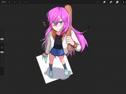  1girl 2g7oo art_program_in_frame aubrey_(faraway)_(omori) aubrey_(omori) baseball_bat black_socks blue_eyes blue_shoes blue_skirt blush closed_mouth commentary_request denim denim_skirt double-parted_bangs full_body hair_between_eyes highres holding holding_baseball_bat jacket korean_commentary long_hair long_sleeves looking_at_viewer omori open_clothes open_jacket pink_hair shoes skirt sneakers socks solo standing unfinished white_jacket 