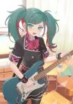  1girl absurdres belt blue_eyes blush bottle bow bowtie buttons double-breasted electric_guitar fender_stratocaster flustered frills green_eyes green_hair guitar hair_ornament hairclip hatsune_miku highres holding holding_instrument indoors instrument leo/need_(project_sekai) multicolored_hair nail_polish open_mouth pink_hair plaid project_sekai safety_pin school_uniform short_sleeves skirt solo streaked_hair sweat thigh-highs twintails two-tone_hair vocaloid vs0mr water_bottle wrist_cuffs 