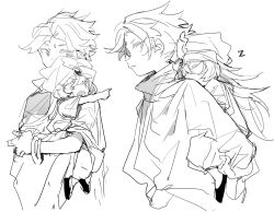  2boys aged_down arabian_clothes bad_id bad_twitter_id bindi bishounen carrying carrying_person child commentary_request cookie_run cookie_run:_ovenbreak gem greyscale humanization inactive_account lilac_cookie long_hair male_focus monochrome multiple_boys nana_(ebitokanimiso) piggyback short_hair simple_background sketch sleeping turban white_background yogurt_cream_cookie 