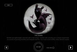  bat_(animal) bat_wings black_eyes black_skin colored_skin creature creature_focus english_text flying highres jejejunum no_humans rain_world slugcat user_interface wings 