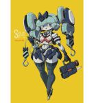  1girl blue_bow blue_eyes bow cable holding holding_cable hook humanoid_robot kuruton486 looking_at_viewer original pillarboxed science_fiction smile solo twitter_username yellow_background 