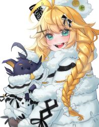  1girl absurdres alternate_costume animal antenna_hair bird black_mittens blonde_hair braid coat dokibird fang fur-trimmed_coat fur_trim green_eyes hair_ornament hashtag-only_commentary hat highres holding holding_animal indie_virtual_youtuber kuraedo long_hair long_sleeves looking_at_viewer mittens open_mouth simple_background smile solo twin_braids twintails upper_body virtual_youtuber white_background white_coat white_hat x_hair_ornament 