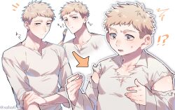  !? 2boys arrow_(symbol) blonde_hair commentary_request dual_persona dungeon_meshi eating fork highres holding holding_fork laios_touden laios_touden_(dwarf) male_focus multiple_boys plump saba_miso shirt torn_clothes torn_shirt twitter_username undersized_clothes yellow_eyes 