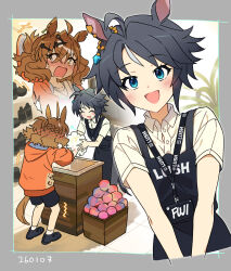  2girls ahoge animal_ears apron black_apron black_hair black_shorts blue_eyes blush braid brown_hair closed_eyes collared_shirt commentary_request cosmetics ear_ornament fuji_kiseki_(umamusume) hair_between_eyes hair_ornament hairclip half_up_half_down_braid highres hood hooded_jacket horse_ears horse_girl horse_tail jacket jungle_pocket_(umamusume) korean_commentary lanyard long_sleeves medium_hair motion_lines multicolored_hair multiple_girls name_tag notched_ear open_mouth orange_jacket outside_border shirt shoes short_hair short_sleeves shorts smile socks tail trembling ttuk_san umamusume white_hair white_shirt white_socks yellow_eyes 