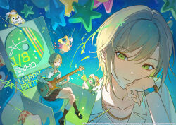  1girl ano_hi_mita_yozora_wa_itsuka_no_mirai_e_(project_sekai) artist_name balloon bass_guitar black_shoes box brown_skirt brown_socks cd character_name closed_eyes closed_mouth collarbone collared_shirt commentary_request confetti copyright_notice crossed_legs dated dress_shirt fender_jazz_bass full_body gift gift_box gold_necklace green_eyes green_hair guest_art hair_between_eyes hand_on_own_cheek hand_on_own_face happy_birthday hat head_on_hand head_rest highres hinomori_shiho holding holding_bass_guitar holding_instrument instrument jester_cap jewelry kneehighs korean_commentary looking_at_self looking_at_viewer multiple_views music neck_ruff necklace official_alternate_costume official_art parted_lips party_popper phenny_(project_sekai) playing_instrument pleated_skirt project_sekai second-party_source shirt shoes short_hair sidelocks signature singing sitting skirt sleeves_rolled_up smile socks star_(sky) star_(symbol) star_balloon starry_sky_background stuffed_animal stuffed_penguin stuffed_toy szztzzs u_u upper_body watch watch white_shirt 