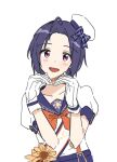  1girl ahoge bangs blush danji_(danji_bang) dark_blue_hair forehead gloves hat heart_arms highres idolmaster idolmaster_(classic) idolmaster_million_live! looking_at_viewer mini_hat miura_azusa parted_bangs pose puffy_short_sleeves puffy_sleeves red_eyes short_hair short_sleeves simple_background smile solo upper_body white_background white_gloves 