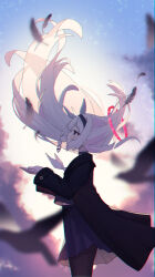  1girl absurdres bird black_choker black_coat black_eyes black_hairband black_shirt black_skirt blue_archive blue_sky braid choker chyuukaa0124 clouds coat commentary cowboy_shot cupping_hands falling_feathers feathers floating_hair from_side gradient_sky hair_floating_upwards hairband halo hands_up highres light_particles long_hair long_sleeves looking_up midriff_peek neckerchief own_hands_together pantyhose plana_(blue_archive) pleated_skirt profile red_halo ribbon shirt single_braid skirt sky solo white_hair white_neckerchief white_ribbon yellow_sky 