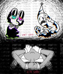  1girl 2boys absurdres animal_ears blakyre bow clown clown_makeup commentary covering_own_eyes dying english_commentary english_text frills furry furry_male gloves hat highres jax_(the_amazing_digital_circus) jester_costume kaufmo_(the_amazing_digital_circus) multicolored_eyes multiple_boys overalls rabbit_boy rabbit_ears remembering ribbit_(the_amazing_digital_circus) the_amazing_digital_circus two-tone_romper 