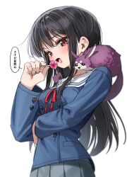  1girl absurdres animal_on_shoulder black_hair blue_serafuku breasts candy food green_tea_(matchaistasty) highres holding holding_candy holding_food holding_lollipop kyoukai_no_kanata lollipop long_hair looking_at_viewer medium_breasts nase_mitsuki pleated_skirt red_eyes school_uniform serafuku simple_background skirt white_background yakiimo_(kyoukai_no_kanata) 