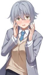  black_pants blazer blue_necktie blush brown_eyes collared_shirt commentary_request grey_hair grey_jacket hair_between_eyes hands_up highres jacket looking_at_viewer necktie novel_illustration official_art open_clothes open_jacket open_mouth original pants school_uniform shirt simple_background sweater_vest tapioka_(oekakitapioka) white_background white_shirt 