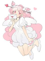  1girl alternate_costume arrow_(projectile) arrow_in_body arrow_in_head bad_id bad_twitter_id blush cookie_run cookie_run:_ovenbreak cotton_candy_cookie double_bun dress envelope frilled_dress frills hair_bun hair_horns hair_ornament heart heart-shaped_pupils holding holding_envelope humanization inactive_account long_hair looking_at_viewer love_letter nana_(ebitokanimiso) object_through_head painttool_sai_(medium) pink_hair shoes short_sleeves sketch solo symbol-shaped_pupils white_dress white_shoes white_wings wings 