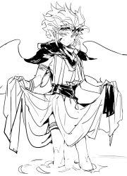  1boy androgynous armor bad_id bad_twitter_id bishounen clothes_lift cookie_run greyscale headpiece humanization inactive_account legband lineart looking_at_viewer male_focus monochrome nana_(ebitokanimiso) painttool_sai_(medium) partially_submerged robe scar short_hair simple_background sketch skirt skirt_lift solo water white_background wind_archer_cookie wings 