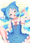  1girl absurdres bangs blue_bow blue_eyes blue_hair blush bow cirno collarbone dress e_sdss flat_chest food hair_bow highres holding holding_food hot ice ice_cream ice_wings neck_ribbon open_mouth pinafore_dress puffy_short_sleeves puffy_sleeves red_ribbon ribbon short_hair short_sleeves solo sweatdrop touhou wings 