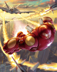 1boy aircraft airplane arc_reactor armor blue_sky city clouds commentary english_commentary fighter_jet flying glowing highres hulkbuster iron_man iron_man_(series) male_focus marvel military_vehicle missile motion_blur multicolored_armor official_art power_armor red_armor signature sky solo_focus yellow_armor yoon_junggeun 
