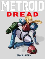  1girl arm_cannon armor artist_name assault_visor blonde_hair blue_eyes character_name commentary copyright_name english_commentary english_text full_armor grey_background helmet highres long_hair metroid metroid_dread mole mole_under_mouth normal_suit_(metroid) ponytail power_armor power_suit_(metroid) samus_aran simple_background sitting suturekey translated unworn_headwear unworn_helmet weapon 