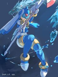  1girl absurdres android armor blue_armor blue_eyes blue_helmet blue_thighhighs breasts commentary_request crop_top dated fairy_leviathan_(mega_man) fins forehead_jewel gem head_fins helmet highres holding holding_polearm holding_weapon looking_at_viewer mega_man_(series) mega_man_zero_(series) omochi_(mochi_skymega) polearm robot simple_background solo thigh-highs underwater weapon 