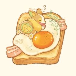  bacon bread bread_slice closed_eyes commentary_request egg_(food) food highres in_food no_humans open_mouth pokemon pokemon_(creature) pokemon_focus simple_background sleeping solo squeans temariame14 toast tongue tongue_out twitter_username watermark white_background yamper 