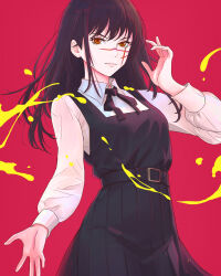  1girl absurdres black_hair chainsaw_man closed_mouth collared_shirt commentary cross_scar dress english_commentary fourth_east_high_school_uniform highres long_hair looking_at_viewer pinafore_dress red_background red_eyes ringed_eyes scar scar_on_cheek scar_on_face scar_on_nose school_uniform shirt sleeveless sleeveless_dress solo truejekart white_shirt yoru_(chainsaw_man) 