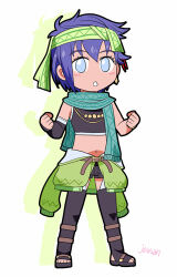  1girl artist_name bike_shorts blue_eyes chibi commentary_request cropped_rash_guard eiyuu_densetsu feri_al-fayed floating_scarf green_headband green_scarf headband kai_no_kiseki kuro_no_kiseki_(series) kuro_no_kiseki_i looking_at_viewer lowres mullet open_mouth purple_hair sandals scarf short_hair simple_background thigh-highs xiacheng_tatsuya 