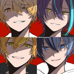  4boys absurdres akira20211014 aoyagi_touya aqua_streaks black_shirt blonde_hair blonde_streaks blue_eyes blue_hair commentary dated double-parted_bangs earrings evil_smile hair_between_eyes highres jewelry kamishiro_rui looking_at_viewer male_focus multicolored_hair multiple_boys open_mouth orange_eyes orange_hair parted_lips portrait project_sekai red_background shinonome_akito shirt short_hair simple_background smile split-color_hair symbol-only_commentary tenma_tsukasa twitter_username two-tone_hair white_shirt yellow_eyes 