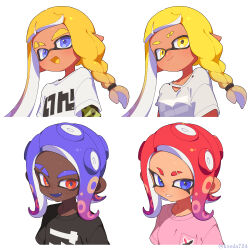  2boys 2girls black_shirt blonde_hair blue_eyes braid closed_mouth colored_tongue commentary_request dark-skinned_male dark_skin eyebrow_cut inkling inkling_boy inkling_girl inkling_player_character long_hair medium_hair multiple_boys multiple_girls octoling octoling_boy octoling_girl octoling_player_character open_mouth pink_shirt pointy_ears purple_hair purple_tongue red_eyes red_hair shirt simple_background single_braid smile splatoon_(series) splatoon_3 surume01417 t-shirt tentacle_hair thick_eyebrows violet_eyes white_background white_shirt yellow_eyes yellow_tongue 