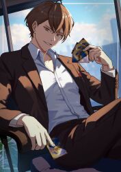  1boy ahoge blurry blurry_background brown_hair brown_jacket card chair collarbone commentary_request duel_masters earrings highres holding holding_card jacket jewelry kagami_hayato kagami_hayato_(1st_costume) long_sleeves looking_at_viewer magurosamm male_focus nijisanji on_chair parted_lips shirt solo virtual_youtuber white_shirt 