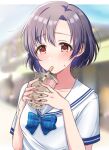  1girl blurry blurry_background blush bubble_tea collarbone cup disposable_cup drinking drinking_straw flying_sweatdrops highres holding holding_cup idolmaster idolmaster_cinderella_girls mariabowl outdoors purple_hair red_eyes sailor_collar shiragiku_hotaru short_hair short_sleeves solo sweatdrop two-tone_dress upper_body 