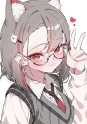  1girl animal_ear_fluff animal_ears asymmetrical_bangs blush cat_ears cat_girl character_hair_ornament closed_mouth collared_shirt daimi_94 earclip earrings glasses grey-framed_eyewear grey_hair grey_sweater_vest hair_ornament hand_up hashtag-only_commentary heart highres jewelry long_sleeves maro_(neneko_mashiro) multicolored_hair necktie neneko_mashiro red_eyes round_eyewear semi-rimless_eyewear shirt short_hair simple_background smile solo stellive streaked_hair sweater_vest two-tone_necktie under-rim_eyewear w white_background white_shirt wing_collar 