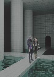  2boys absurdres arm_up backrooms_(creepypasta) black_hair boots camcorder camera ceiling closed_mouth coat column full_body fuwa_minato fuwa_minato_(1st_costume) gradient_coat highres holding holding_camera indoors jacket kome_non male_focus mashiro_meme mashiro_meme_(1st_costume) multicolored_hair multiple_boys nijisanji open_clothes open_coat pillar purple_jacket shadow shirt_tucked_in standing streaked_hair tile_ceiling tile_floor tile_wall tiles video_camera virtual_youtuber water white_hair yellow_boots yellow_eyes 