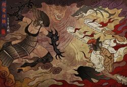  1girl 1other 2boys apron bilingual_commentary black_apron black_pants bomb_devil_(chainsaw_man) chainsaw chainsaw_man chien_chih_kang clenched_teeth collared_shirt commentary denji_(chainsaw_man) fangs from_side looking_ahead looking_at_another looking_down looking_up mixed-language_commentary multiple_boys nihonga object_head open_clothes open_mouth open_shirt pants pull_cord reze_(chainsaw_man) shark shark_devil_(chainsaw_man) sharp_teeth shirt sleeves_rolled_up teeth tongue tongue_out transformation typhoon_devil_(chainsaw_man) white_shirt 