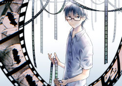  1boy black_hair boku_dake_ga_inai_machi buttons censored censored_identity closed_mouth collared_shirt commentary_request english_commentary film_strip fujinuma_sachiko fujinuma_satoru glasses gradient_background hinazuki_kayo holding_film looking_at_viewer male_focus mazumaro mixed-language_commentary shirt short_hair solo white_shirt 