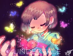  1other artist_name black_background blue_shirt blue_soul_(undertale) brown_hair closed_eyes closed_mouth commentary_request copyright_name cupping_hands cyan_soul_(undertale) facing_down fingernails frisk_(undertale) green_soul_(undertale) halftone halftone_background hands_up orange_soul_(undertale) other_focus own_hands_together pink_shirt purple_soul_(undertale) repikinoko shirt short_hair simple_background solo soul_(deltarune) sparkle striped_clothes striped_shirt two-tone_shirt u_u undertale upper_body utdr_(toby_fox) yellow_soul_(undertale) 