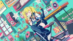  1girl asymmetrical_clothes black_pants blonde_hair bracelet breasts chewing_gum colorful_palette curtains dutch_angle find_the_dream_view_(project_sekai) fingernails game_cg gradient_hair grand_piano hair_ornament hairclip headphones headphones_around_neck highres instrument jacket jewelry keyboard_(instrument) lamp multicolored_hair musical_note nail_polish official_alternate_costume official_art one_eye_closed open_clothes open_jacket orange_hair pants parallel_hairclips phonograph piano poster_(object) project_sekai red_eyes shoes single_pantsleg sitting solo speaker tenma_saki third-party_source twintails vinyl_record white_jacket white_shoes window 