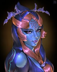  1girl absurdres black_veil blue_skin brown_eyes clothing_cutout colored_skin eyelashes eyeshadow front_ponytail headpiece highres inktober lipstick looking_at_viewer makeup midna midna_(true) multicolored_skin orange_hair portrait purple_lips ring_hair_ornament shoulder_cutout smile solo studystudiomax the_legend_of_zelda the_legend_of_zelda:_twilight_princess veil 
