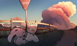  1boy 1girl ^_^ animal_ears blush_stickers cat_boy cat_ears chibikemo closed_eyes clouds commentary digitigrade doko_demo_issyo english_commentary fence food furry furry_female furry_male grass green_bag highres holding holding_food inoue_toro mihara_jun onigiri outdoors pink_fur rabbit_ears rabbit_girl rabbit_tail road_sign short_tail sign signature sitting sky stop_sign tail white_fur wolfaroon 