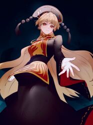  1girl absurdres belt black_belt black_dress black_hat blonde_hair blue_background breasts chinese_clothes closed_mouth commentary_request cowboy_shot crescent crescent_print dress hair_between_eyes hat highres ikasoba junko_(touhou) long_hair long_sleeves looking_at_viewer mandarin_collar medium_breasts neck_ribbon phoenix_print pom_pom_(clothes) red_eyes red_tabard ribbon simple_background smile solo standing tabard tassel touhou wavy_hair wide_sleeves yellow_ribbon 