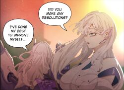  2girls armor at2. bandaged_leg bandaged_stomach bandaged_waist bandages bare_shoulders black_gloves blue_eyes breasts cecil_(nikke) cloak gloves goddess_of_victory:_nikke head-mounted_display highres large_breasts long_hair mechanical_arms merryweather multiple_girls official_alternate_costume shirt snow_white_(heavy_arms)_(nikke) snow_white_(nikke) torn_cloak torn_clothes very_long_hair visor_(armor) white_cloak white_hair yellow_eyes 