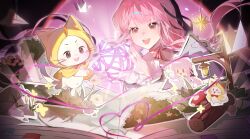  1girl absurdres ahoge animal black_background black_bow black_ribbon book bow bow_choker bowtie bra_strap brown_eyes bush cat chinese_commentary choker chuyu_jiang_yi_dong_ye_budong cloak clothed_animal collarbone commentary_request dot_nose ear_covers eyelashes eyes_visible_through_hair floating_hair frilled_shirt frilled_sleeves frills hair_bow hair_ribbon happy heart heart_of_string highres holding holding_star hood hood_up hooded_cloak infinity_nikki lamppost light_particles lips long_hair long_sleeves looking_at_object low_twintails momo_(nikki) mountain mushroom navel nikki_(nikki) nikki_(series) off-shoulder_shirt off_shoulder open_book open_mouth origami paper_airplane paper_crane perfect_start_(infinity_nikki) pink_background pink_bow pink_bowtie pink_choker pink_hair pop-up_book puffy_long_sleeves puffy_sleeves red_bow red_bowtie ribbon rock shirt single_stripe smile sparkle sparkling_eyes star_(symbol) striped_bow striped_bowtie striped_choker striped_clothes teeth traditional_bowtie tress_ribbon twintails two-tone_background upper_body upper_teeth_only very_long_hair vignetting whimstar_(infinity_nikki) whiskers white_cat white_shirt yarn yellow_cloak 