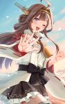  1girl ahoge blue_sky boots brown_hair clouds cloudy_sky day detached_sleeves double_bun hair_bun hairband hakama hakama_short_skirt hakama_skirt headgear highres japanese_clothes kantai_collection kongou_(kancolle) kongou_kai_ni_(kancolle) long_hair looking_at_viewer natsume_(natsume_melio) nontraditional_miko one_eye_closed open_mouth outdoors petals popped_collar ribbon-trimmed_sleeves ribbon_trim skirt sky smile solo thigh_boots twitter_username violet_eyes 