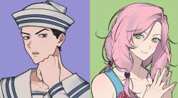  1boy 1girl 2yu2a black_hair blue_eyes commentary_request dixie_cup_hat green_eyes hair_bobbles hair_ornament hat higashikata_josuke_(jojolion) highres hirose_yasuho jojo_no_kimyou_na_bouken jojolion korean_commentary long_sleeves military_hat multicolored_eyes open_mouth own_hands_together pink_hair sailor_collar sailor_shirt shirt smile violet_eyes white_hat 