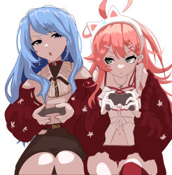  2girls ahoge animal_ear_hairband animal_ears blonde_hair blue_eyes cat_ear_hairband cat_ears commentary_request controller dot_nose earrings fake_animal_ears green_eyes hairband highres hololive hoshimachi_suisei jewelry joystick long_sleeves looking_at_another midriff_peek multiple_girls numzawa open_mouth pink_hair puffy_sleeves sakura_miko sitting virtual_youtuber 