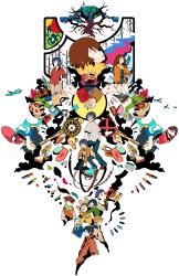  4girls 6+boys absurdres ace_(playing_card) ace_of_diamonds ace_of_hearts bare_tree bird birthday_cake blue_hair blue_mittens blue_pants boku_dake_ga_inai_machi book boots brown_eyes brown_hair brown_jacket cake candy card cellphone clock curry diamond_(shape) dual_persona egg_(food) feathers flip_phone food fujinuma_sachiko fujinuma_satoru glasses heart highres hinazuki_kayo holding_hands jacket katagiri_airi kazu_(boku_dake_ga_inai_machi) knife kobayashi_kenya lollipop looking_up lunchbox mask mittens multiple_boys multiple_girls open_mouth osamu_(boku_dake_ga_inai_machi) pants phone pink_mittens playing_card rectangular_eyewear red_eyes red_shirt rekka_(drm0008) roman_numeral sandwich scarf seagull shiratori_jun shirt short_hair shovel sugita_hiromi thick_lips thigh-highs toy_airplane tree white_thighhighs yanagihara_misato yashiro_gaku yellow_scarf 