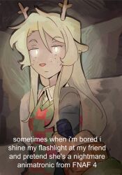  1girl 1other animal_ears antlers black_shirt blonde_hair checkered_sweater_vest collared_shirt commentary deer_antlers deer_ears deer_girl deltarune english_commentary english_text flashlight furry furry_female goomyloid highres holding holding_flashlight horns kris_(deltarune) long_hair noelle_holiday shirt utdr_(toby_fox) white_shirt 