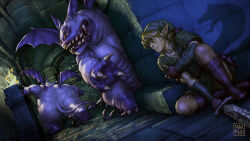  1boy animal_ears bat_ears bat_wings blonde_hair blood blood_on_hands boots brown_boots brown_gloves claws demon_tail demon_wings extra_eyes fingerless_gloves fire gloves green_hat green_tunic hand_on_own_arm hat hiding highres indoors injury link male_focus monster ominous_shadow open_mouth parted_lips phrygian_cap pointy_ears rope_(zelda) shadow sharp_teeth sitting snake studystudiomax tail teeth the_legend_of_zelda the_legend_of_zelda_(nes) tunic v-shaped_eyebrows vire wings 