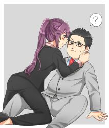  1boy 1girl black_suit blue_shirt fat fat_man fingernails flipped_hair glasses grey_suit hair_between_eyes highres karamorokoshi karasawa_takahiro konishi_ayano koushinism necktie non-web_source ponytail purple_hair real_life red_necktie shirt suit violet_eyes 